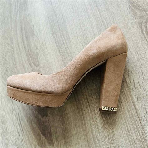 michael kors beige suede heels with silver heels|Michael Kors suede heels.